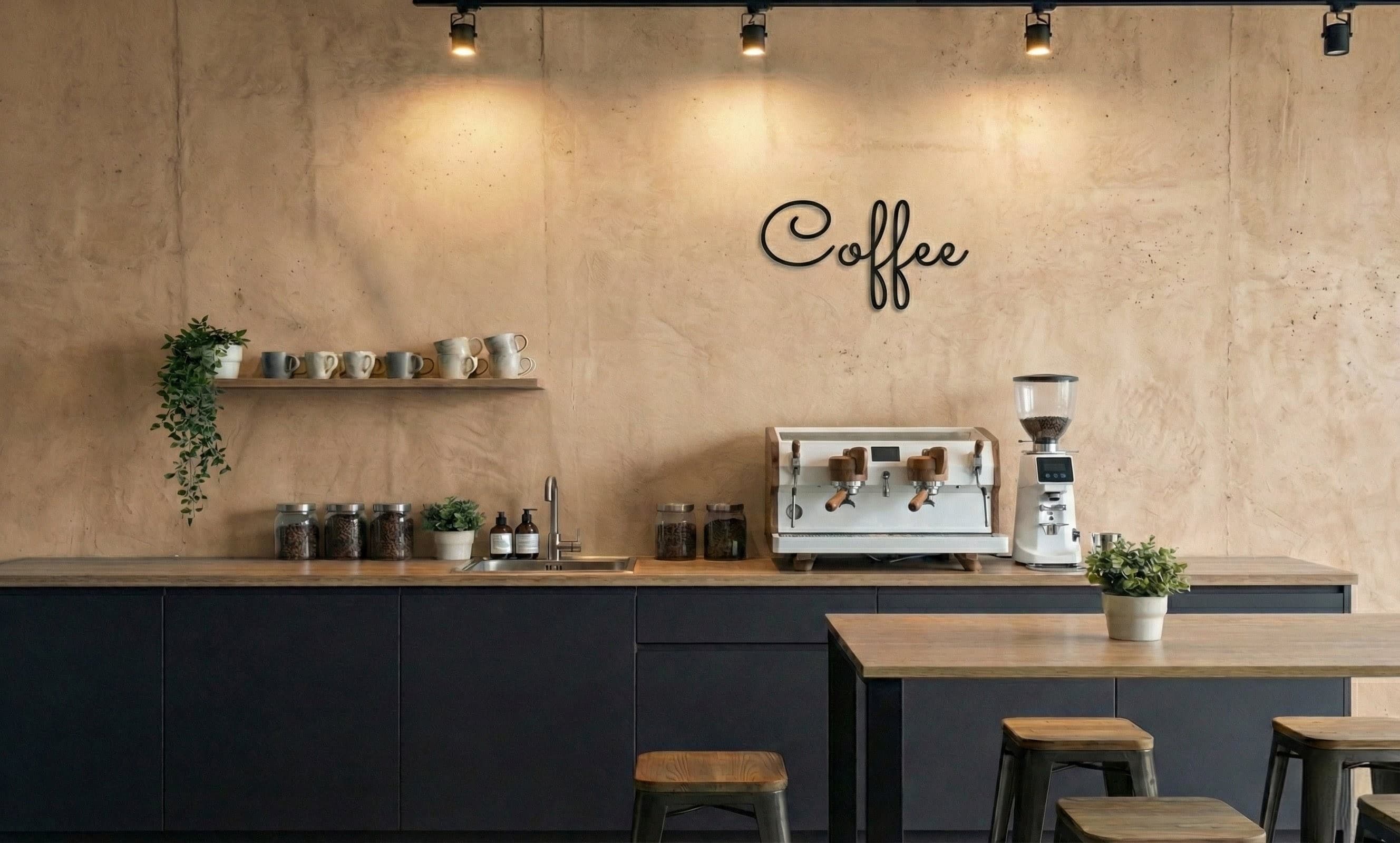 3D-Schriftzug „Coffee" an der Wand hinter einer Café-Theke